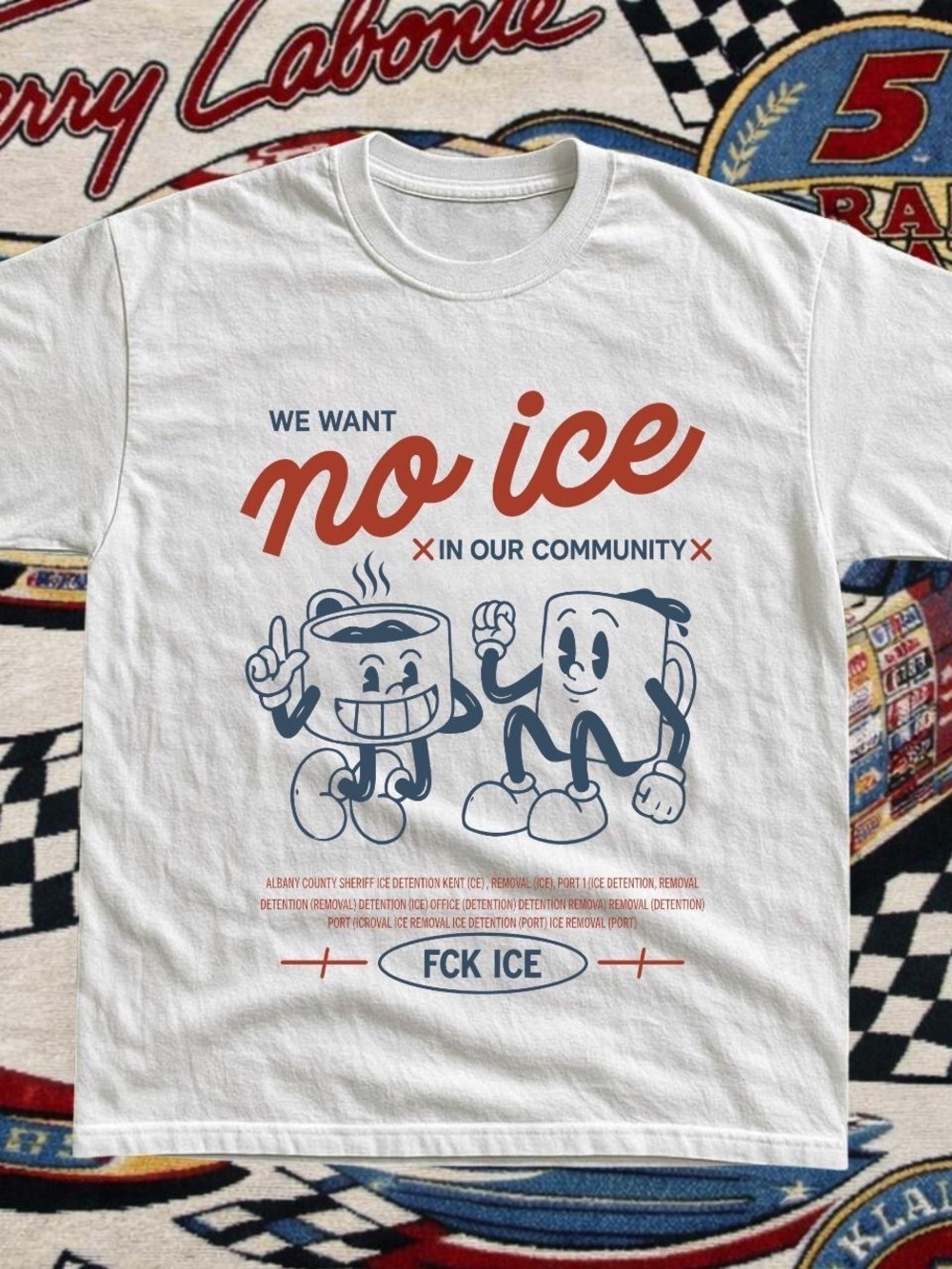 Gildan White Tee with Red & Navy 'No Ice' Graphic